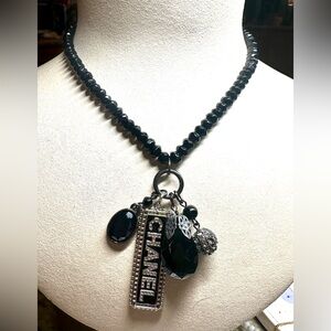 CHANEL Authentic Pendant Upcycled on Black Glass Bead Necklace with Charms